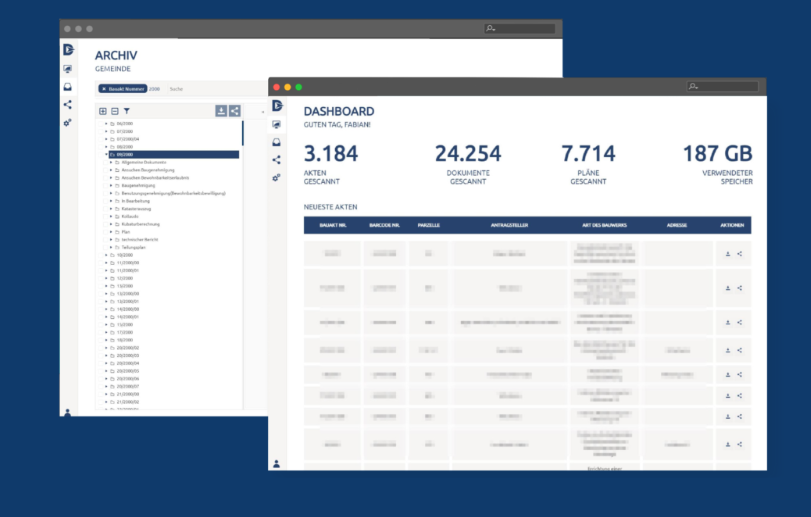 Screenshot DigiAct Cloud Portal — Archivansicht, Status-Dashboard und Volltextsuche der digitalisierten Dokumente